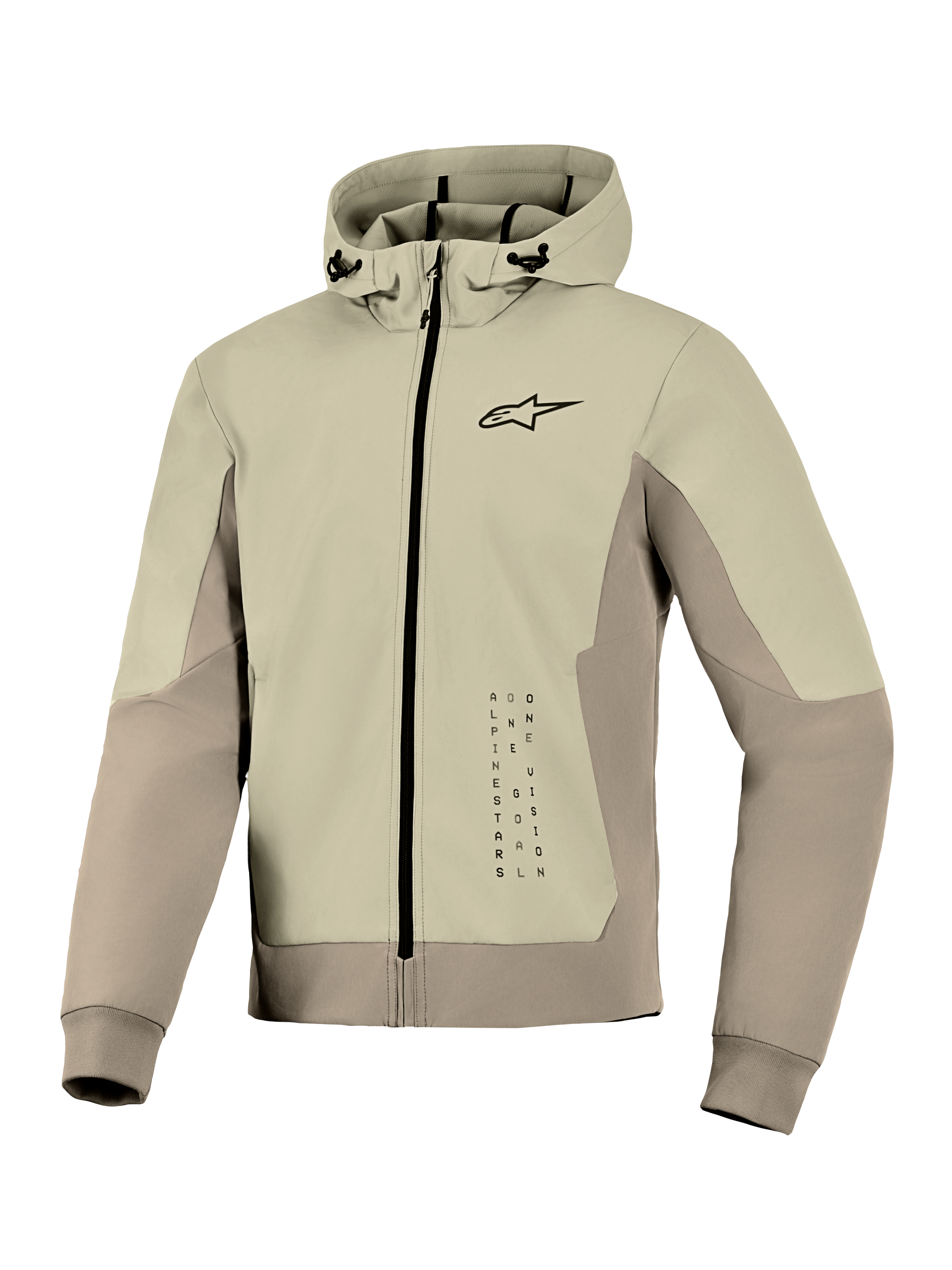 Alpinestars Radium Tech Hoodie, technische motorhoodie jas, Mastic Aluminum, ontwerp met ritssluiting met klein zwart logo op de borst en verticale graphic, winddichte buitenlaag met verstelbare capuchon
