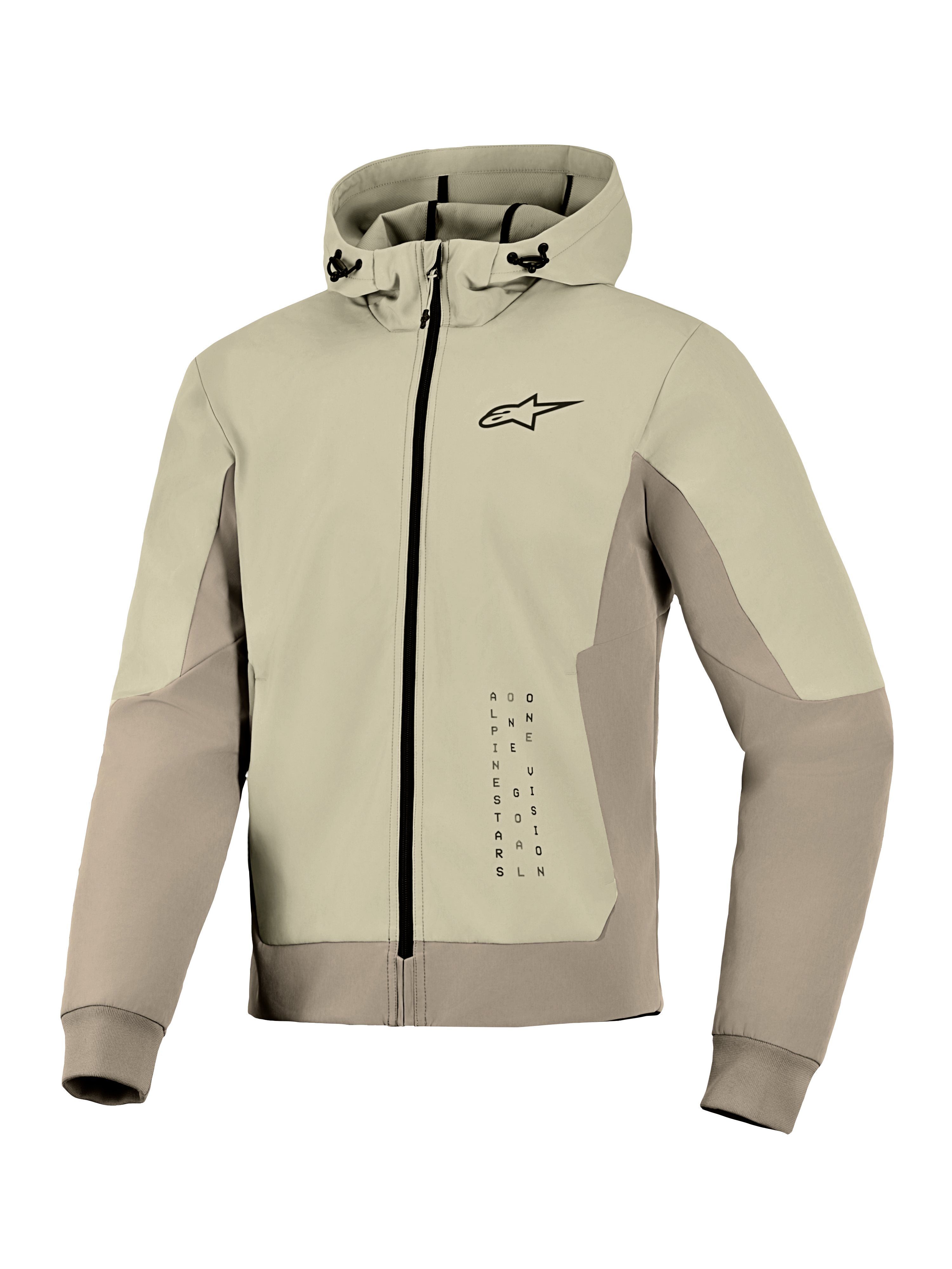 Alpinestars Radium Tech Hoodie, technische motorhoodie jas, Mastic Aluminum, ontwerp met ritssluiting met klein zwart logo op de borst en verticale graphic, winddichte buitenlaag met verstelbare capuchon