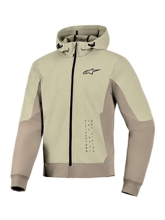 Alpinestars Radium Tech Hoodie, Technical Motorcycle Hoodie Jacket, Mastic Aluminum, zip-up design with small black logo on chest and vertical graphic, windproof shell with adjustable hood