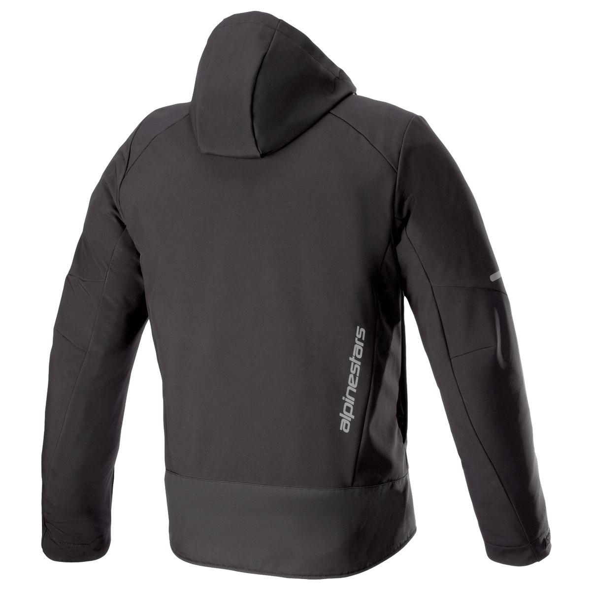 Alpinestars Neo Waterproof Hoodie, technische urban motorjas, zwart, achteraanzicht met afneembare capuchon, verticale zilveren Alpinestars-branding op de onderrug en reflecterende accenten op de mouwen