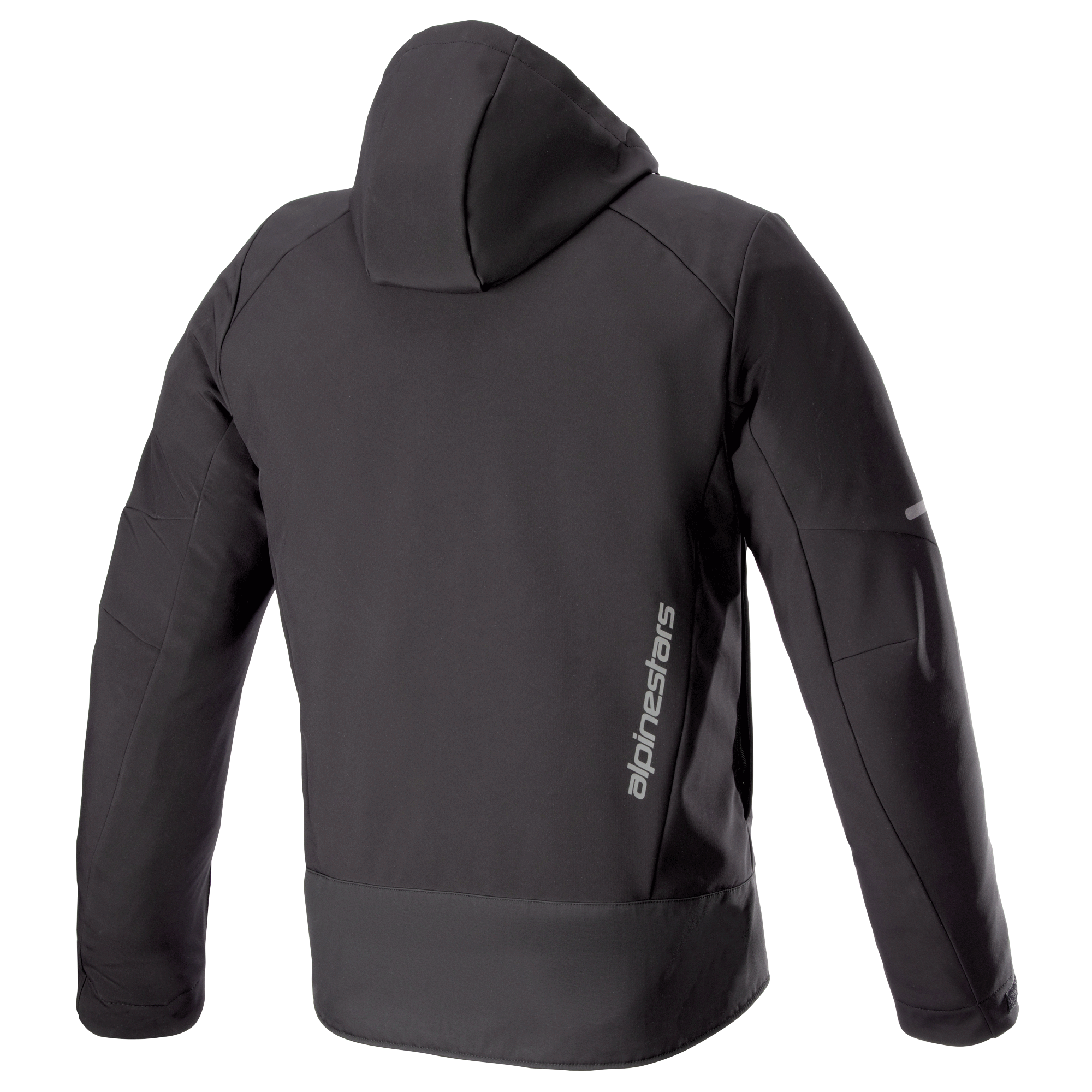 Alpinestars Neo Waterproof Hoodie, technische urban motorjas, zwart, achteraanzicht met afneembare capuchon, verticale zilveren Alpinestars-branding op de onderrug en reflecterende accenten op de mouwen