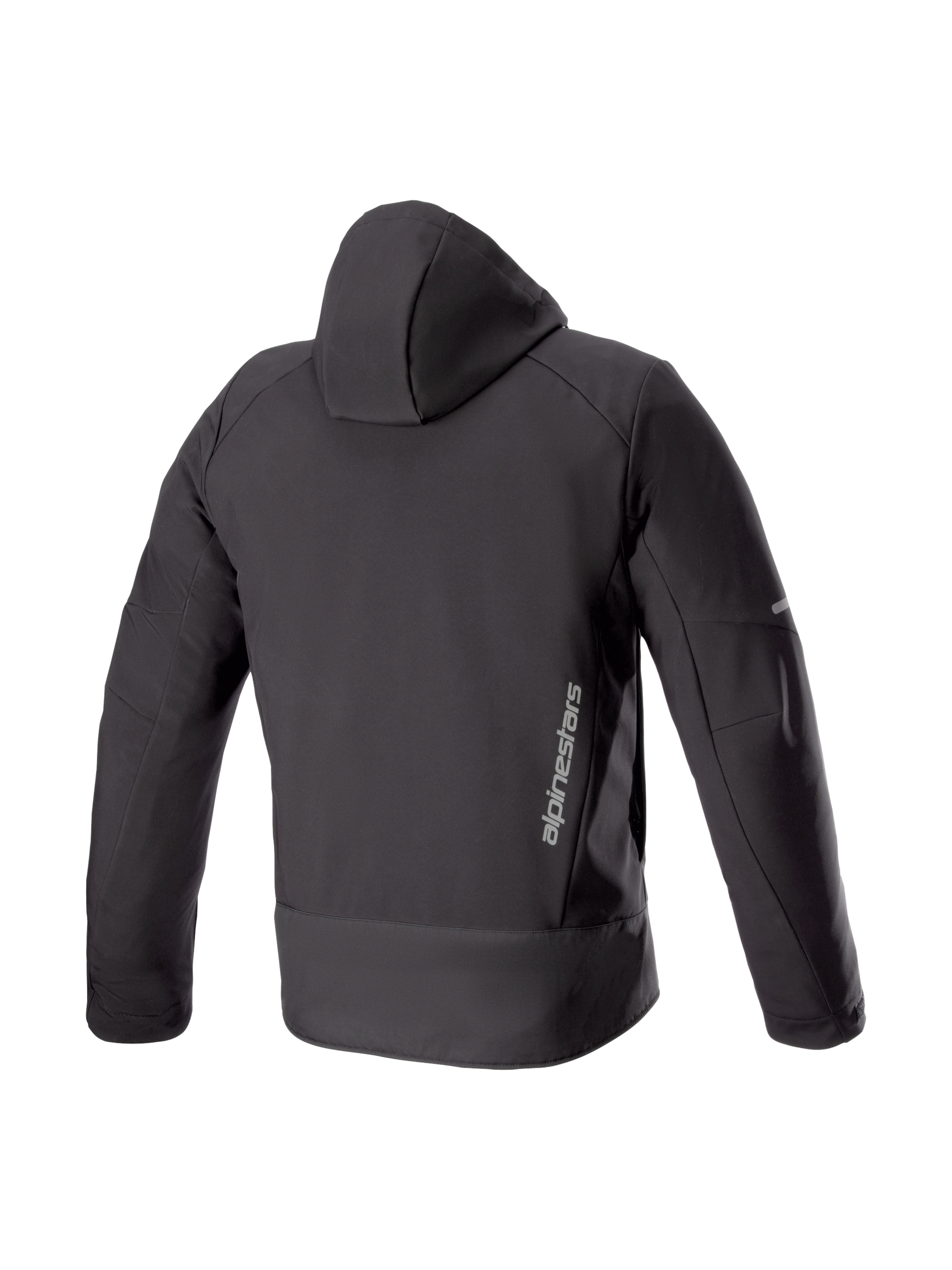 Alpinestars Neo Waterproof Hoodie, black urban motorcycle jacket for men, back view in waterproof softshell with brand logo.