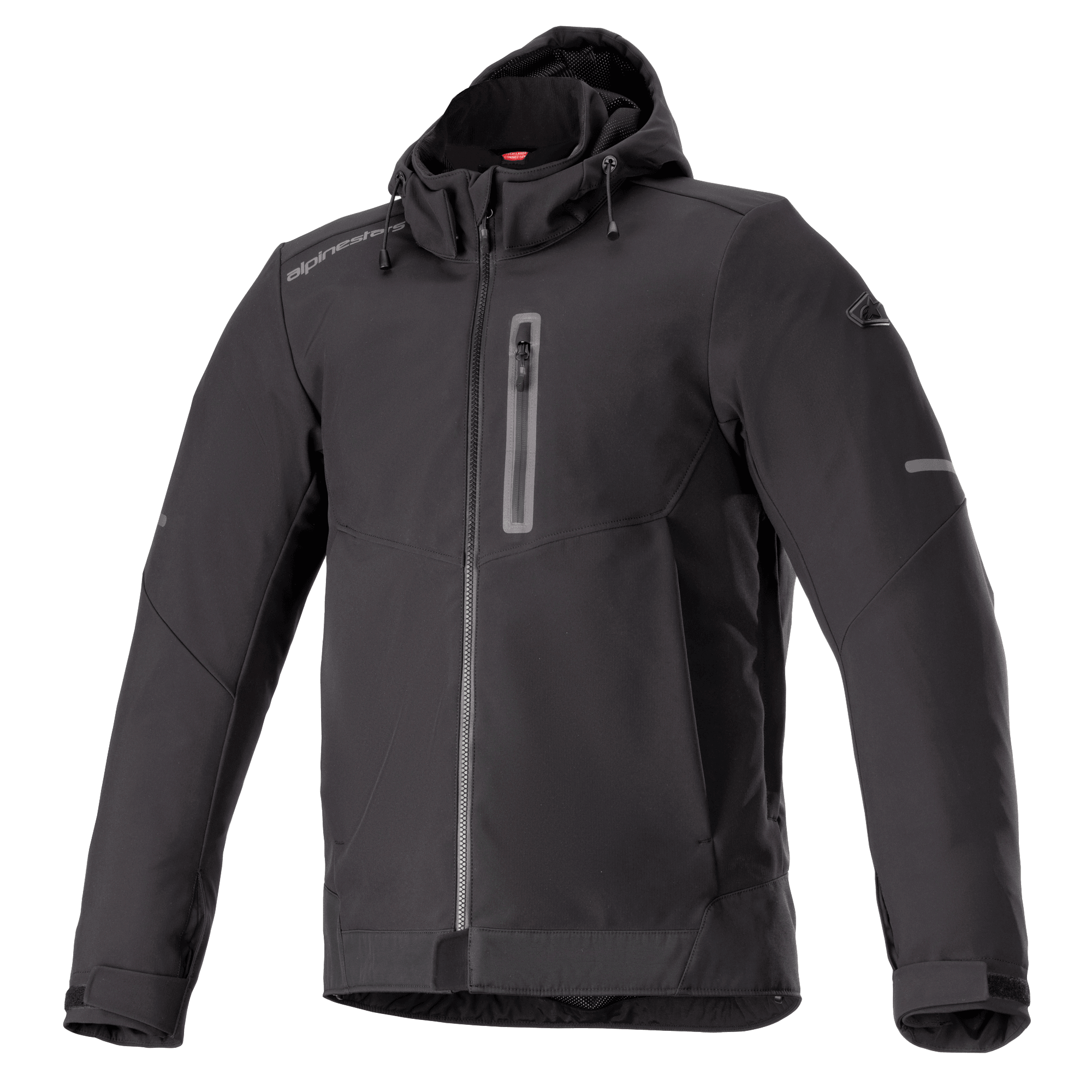 Alpinestars Neo Waterproof Hoodie, zwart, stedelijke motorjas, gladde waterbestendige stof, volledige ritssluiting voorzijde, verticale borstzak met rits, vaste capuchon met trekkoord, reflecterende accenten op de mouwen, verstelbare klittenbandmanchetten, technische stijl voor woon-werkverkeer