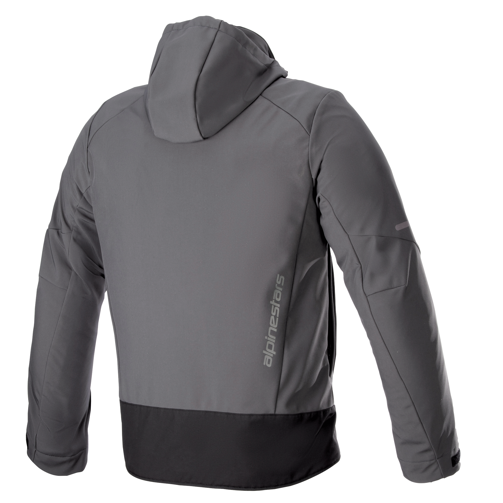 Alpinestars Neo Waterproof Hoodie, technische stedelijke motorjas, Tar Gray en zwart, achteraanzicht met verticale Alpinestars-branding, afneembare capuchon, waterdichte softshell-constructie met een zwart zoompaneel