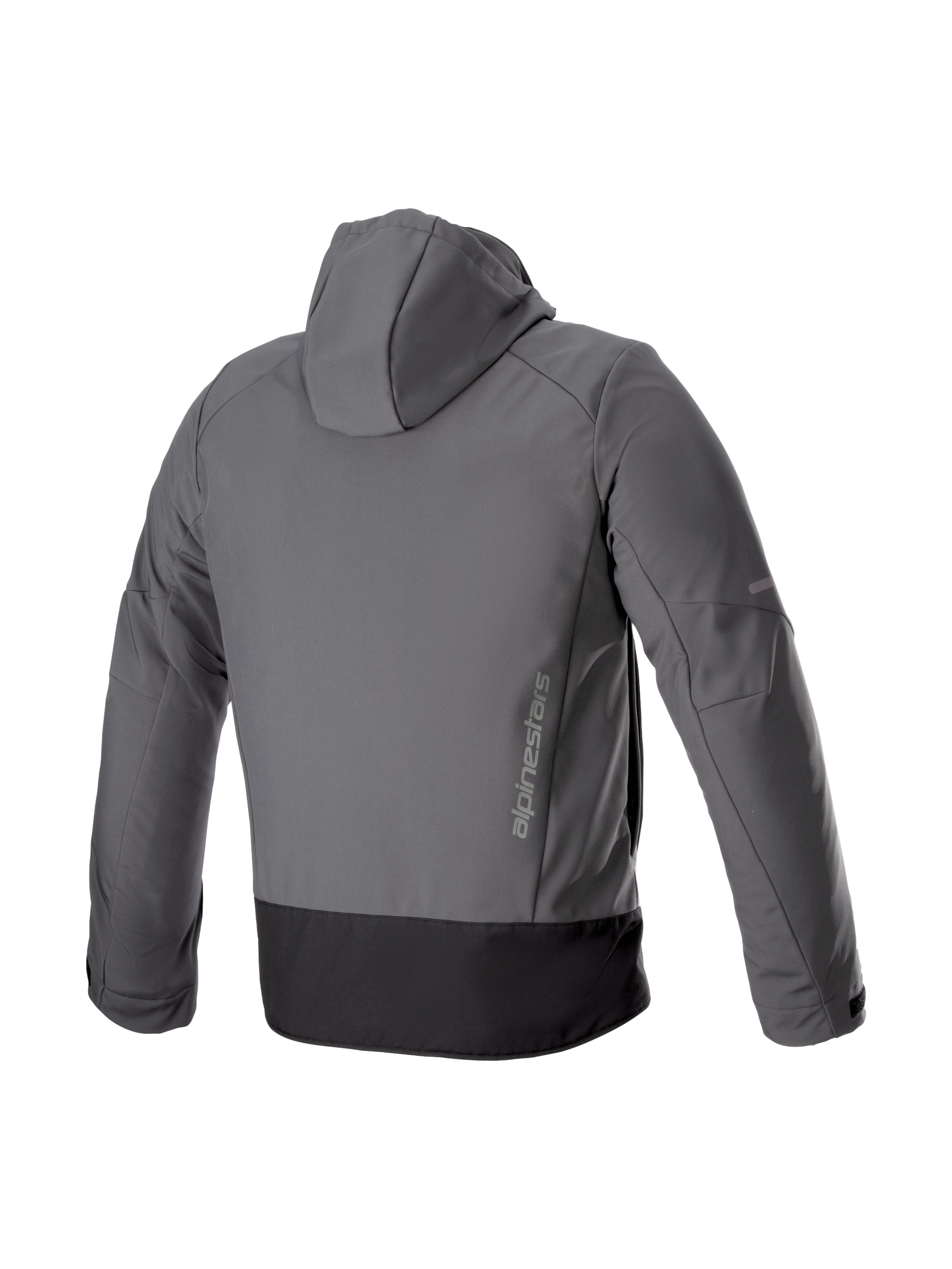 Alpinestars Neo waterdichte hoodie, urban herenmotorjas, grijs en zwart, softshell achteraanzicht met verticale branding.