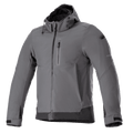 Alpinestars Neo Waterproof Hoodie, urban motorjas, Tar Gray en zwart, jas met ritssluiting en capuchon, borstzak, verstelbare manchetten met klittenband, technische weerbestendige softshell, modern strak design