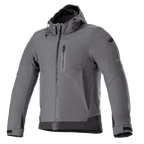 Alpinestars Neo Waterproof Hoodie, urban motorjas, Tar Gray en zwart, jas met ritssluiting en capuchon, borstzak, verstelbare manchetten met klittenband, technische weerbestendige softshell, modern strak design