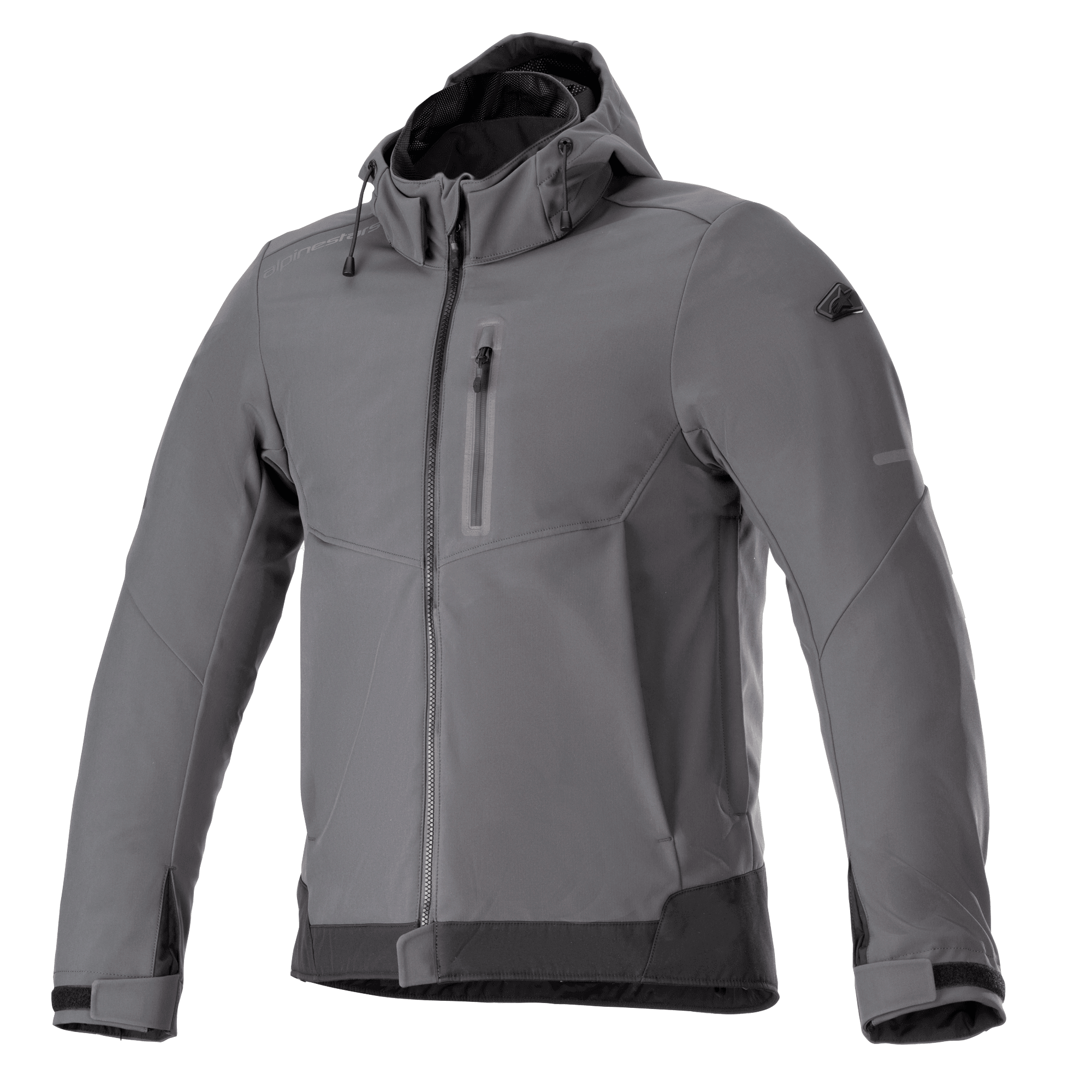 Alpinestars Neo Waterproof Hoodie, urban motorjas, Tar Gray en zwart, jas met ritssluiting en capuchon, borstzak, verstelbare manchetten met klittenband, technische weerbestendige softshell, modern strak design