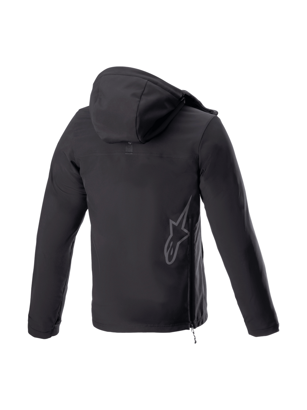 Alpinestars Sherpa Hoodie, zwarte urban herenmotorjas, achteraanzicht met reflecterend logo en zijritssluiting.