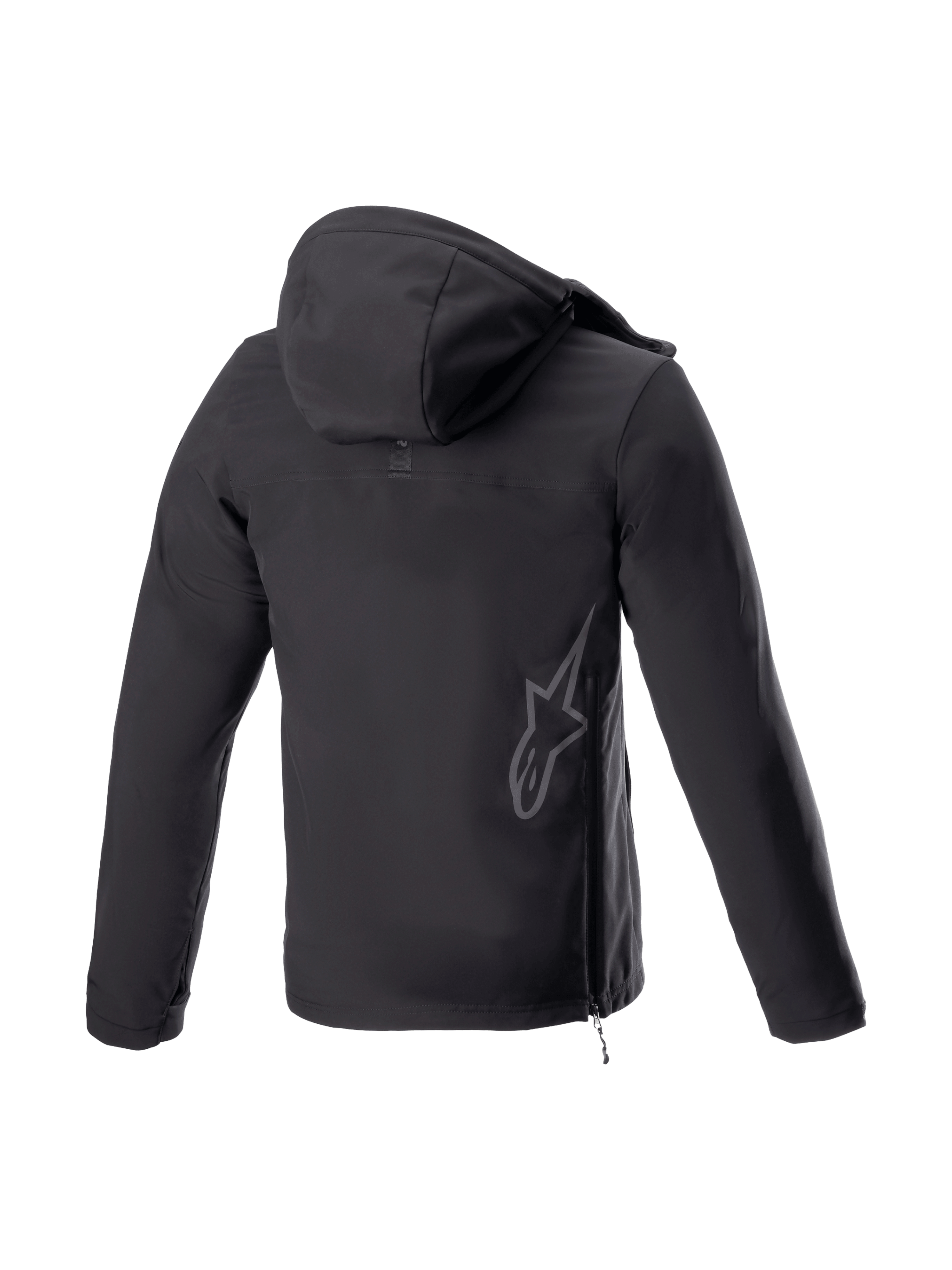 Alpinestars Sherpa Hoodie, zwarte urban herenmotorjas, achteraanzicht met reflecterend logo en zijritssluiting.
