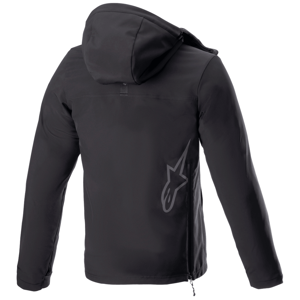 Alpinestars Sherpa Hoodie, urban motorhoodie jas, Black Reflex, achteraanzicht met een groot reflecterend Alpinestars sterlogo op de onderrug, zijritssluiting en capuchon, winddicht softshell-ontwerp