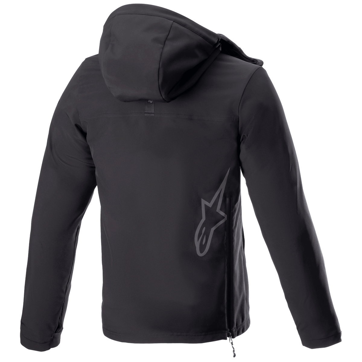 Alpinestars Sherpa Hoodie, urban motorhoodie jas, Black Reflex, achteraanzicht met een groot reflecterend Alpinestars sterlogo op de onderrug, zijritssluiting en capuchon, winddicht softshell-ontwerp