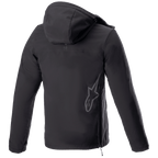 Alpinestars Sherpa Hoodie, urban motorhoodie jas, Black Reflex, achteraanzicht met een groot reflecterend Alpinestars sterlogo op de onderrug, zijritssluiting en capuchon, winddicht softshell-ontwerp