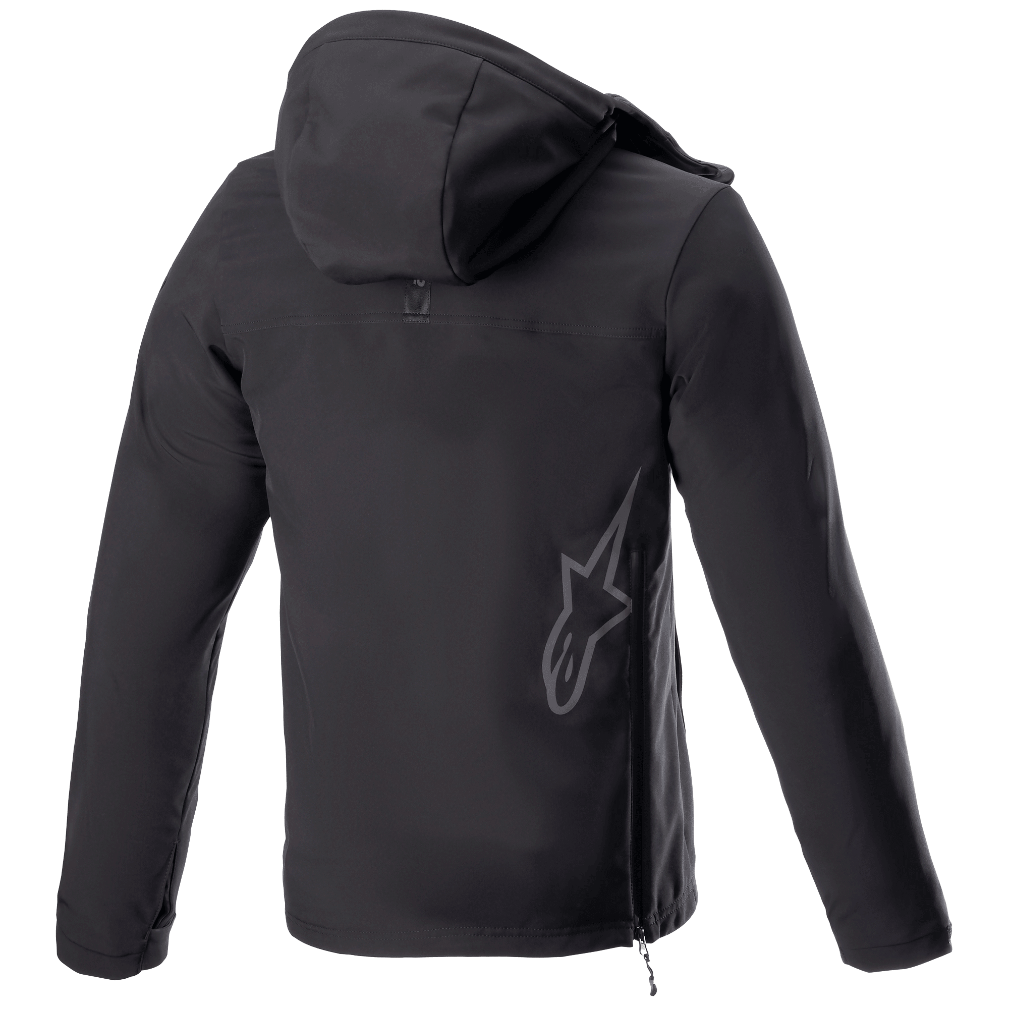 Alpinestars Sherpa Hoodie, urban motorhoodie jas, Black Reflex, achteraanzicht met een groot reflecterend Alpinestars sterlogo op de onderrug, zijritssluiting en capuchon, winddicht softshell-ontwerp