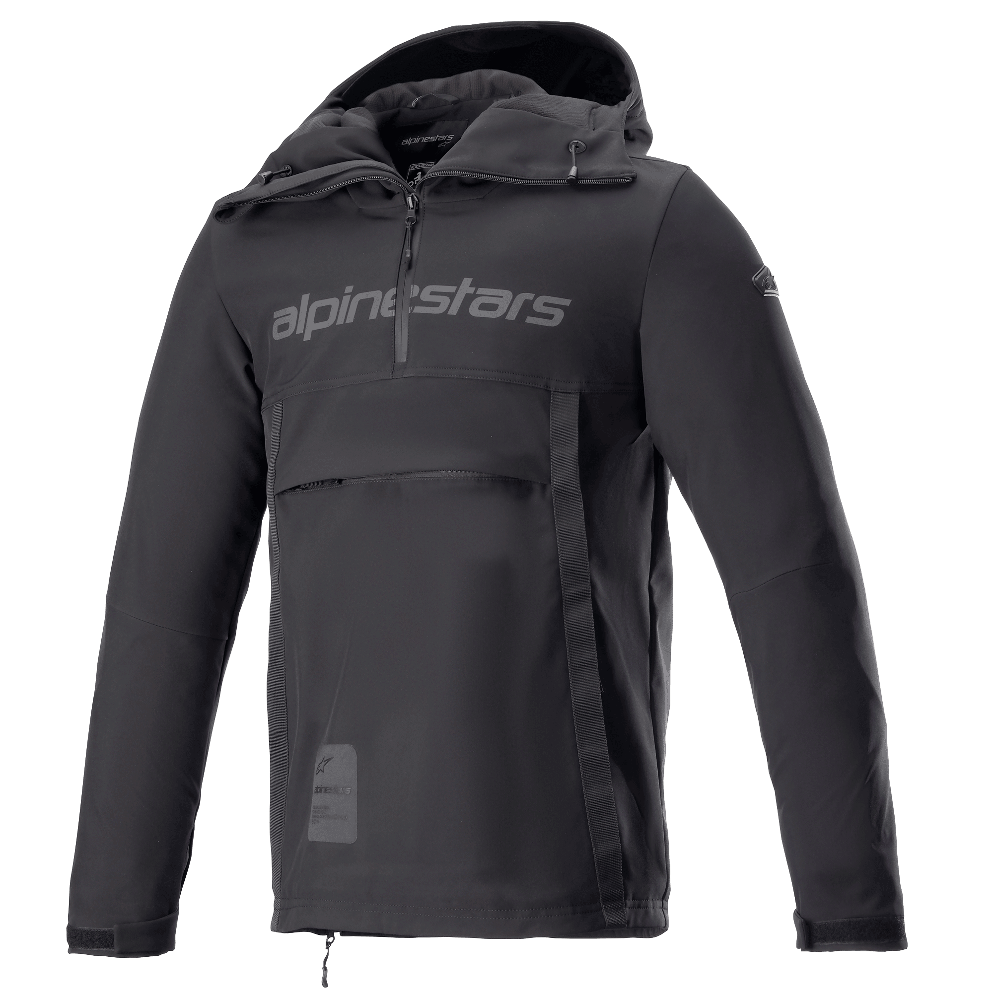 Alpinestars Sherpa Hoodie, Black Reflex motoranorak jas, halve rits met logo op de borst, grote voorzak met rits, technische softshell-stof, sportief urban design