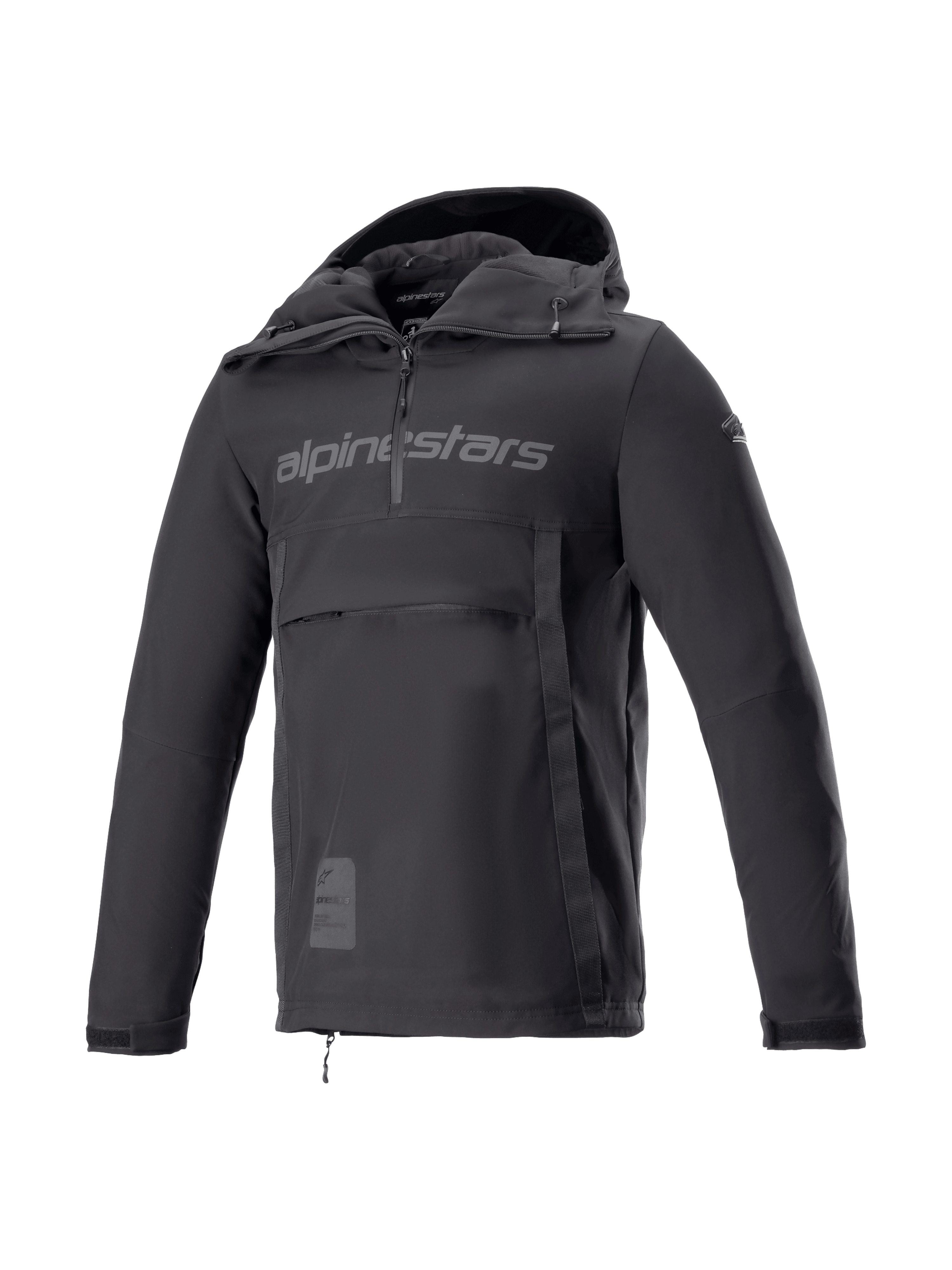 Alpinestars Sherpa Hoodie, black softshell motorcycle anorak for men, windproof urban riding jacket, Tech-Air Ready.
