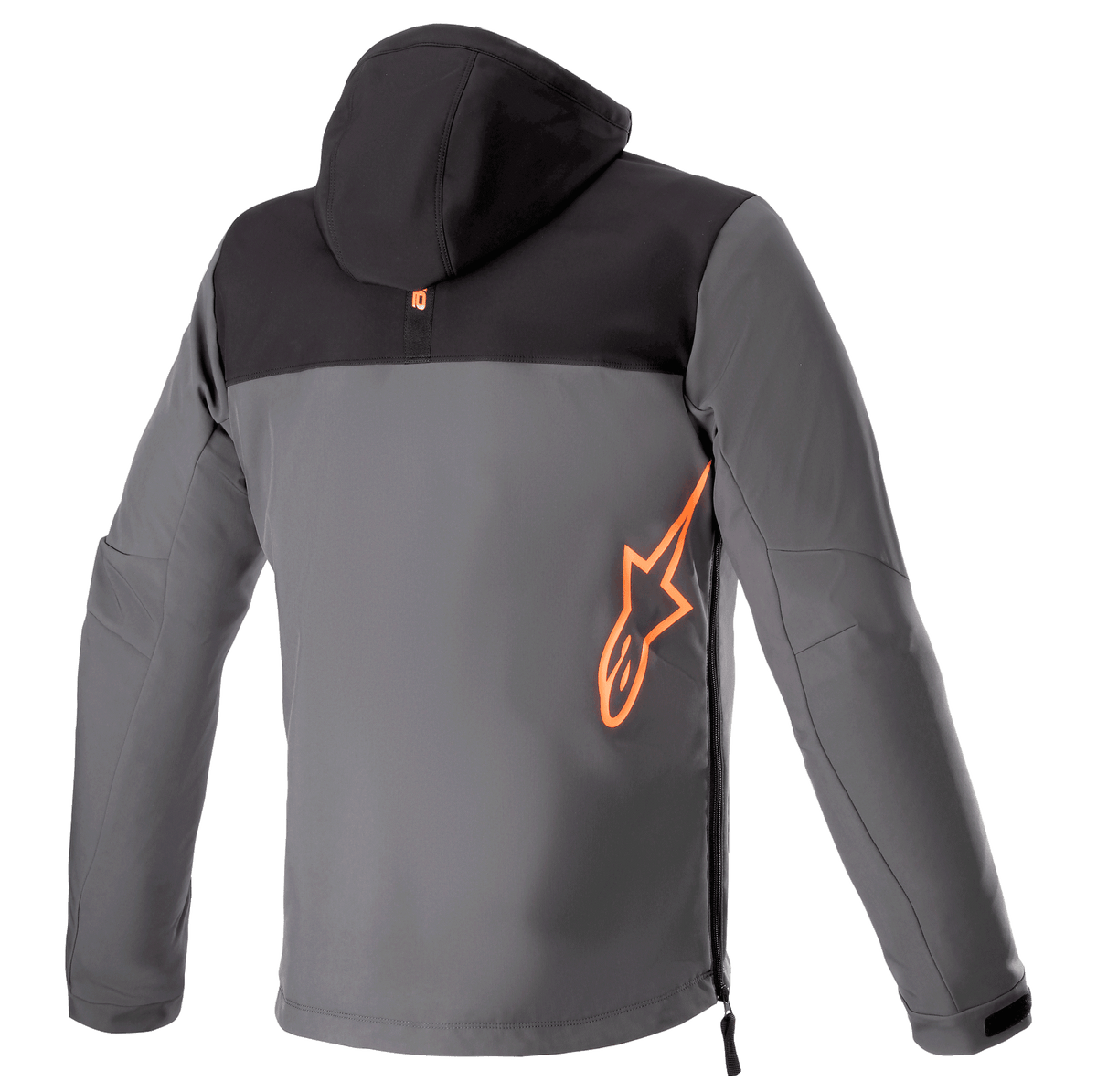 Alpinestars Sherpa Hoodie, achteraanzicht, technische motorjas in zwart en grijs, groot fluorescerend oranje Alpinestars-logo op de onderrug, zijrits, softshell urban motorkleding