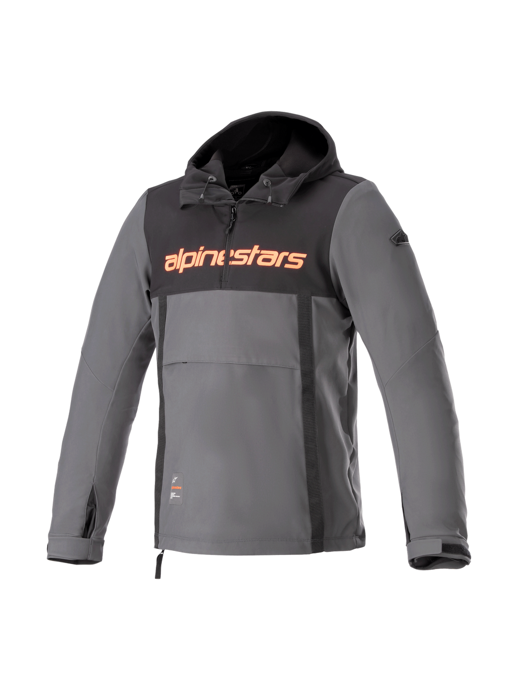 Alpinestars Sherpa hoodie, grijze en zwarte urban motoranorak voor heren, winddichte softshell met rood logo.