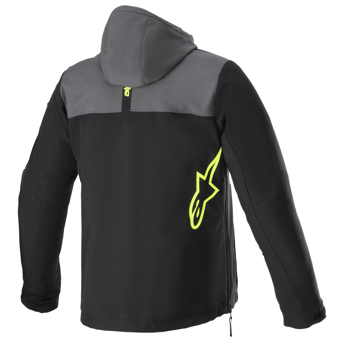 Alpinestars Sherpa Hoodie, achteraanzicht, Tar Gray en zwart met Yellow Fluo accenten, neongeel sterlogo op de zijkant, softshell motorjas met capuchon, detail met zijritssluiting, kleding voor stedelijk woon-werkverkeer