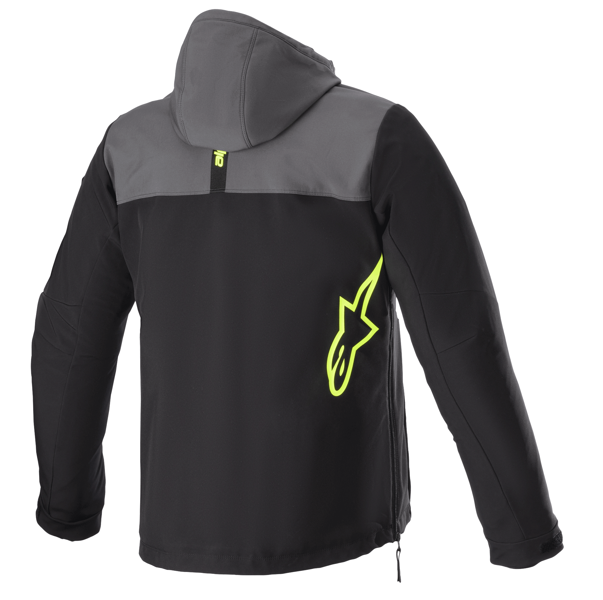 Alpinestars Sherpa Hoodie, achteraanzicht, Tar Gray en zwart met Yellow Fluo accenten, neongeel sterlogo op de zijkant, softshell motorjas met capuchon, detail met zijritssluiting, kleding voor stedelijk woon-werkverkeer