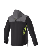 Alpinestars Sherpa Hoodie, heren-motorjas voor stedelijk rijden, zwart en teer grijs met geel fluo logo, winddichte softshell, Tech-Air Ready.