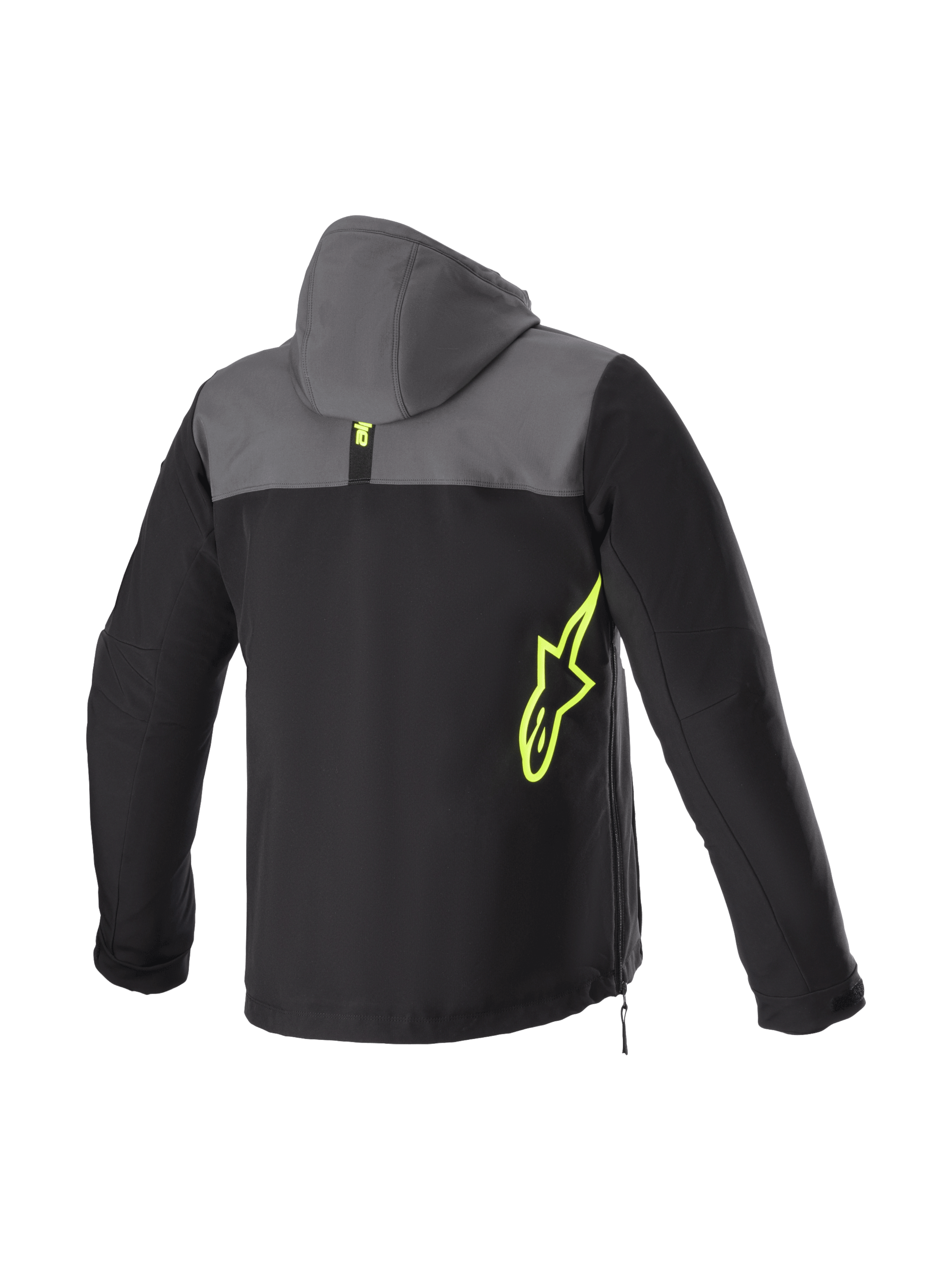 Alpinestars Sherpa Hoodie, heren-motorjas voor stedelijk rijden, zwart en teer grijs met geel fluo logo, winddichte softshell, Tech-Air Ready.