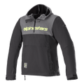Alpinestars Sherpa Hoodie, technische motorhoodie, Tar grijs en zwart, fluogeel merklogo op de borst, anorak-stijl met kwart-rits, softshell urban motorjas