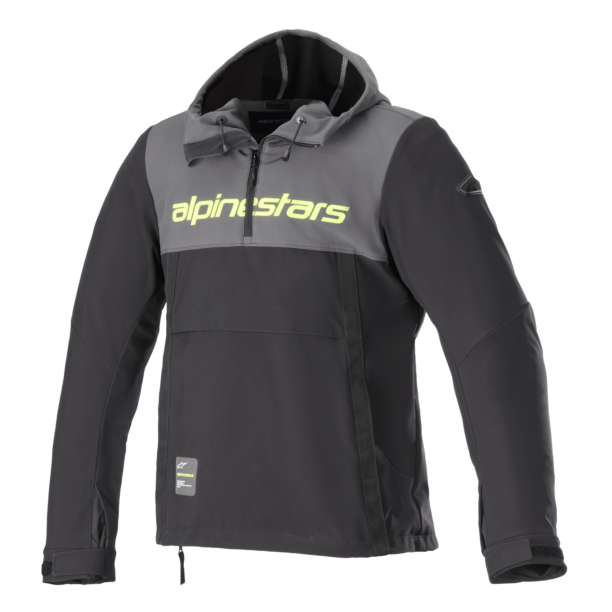 Alpinestars Sherpa Hoodie, technische motorhoodie, Tar grijs en zwart, fluogeel merklogo op de borst, anorak-stijl met kwart-rits, softshell urban motorjas
