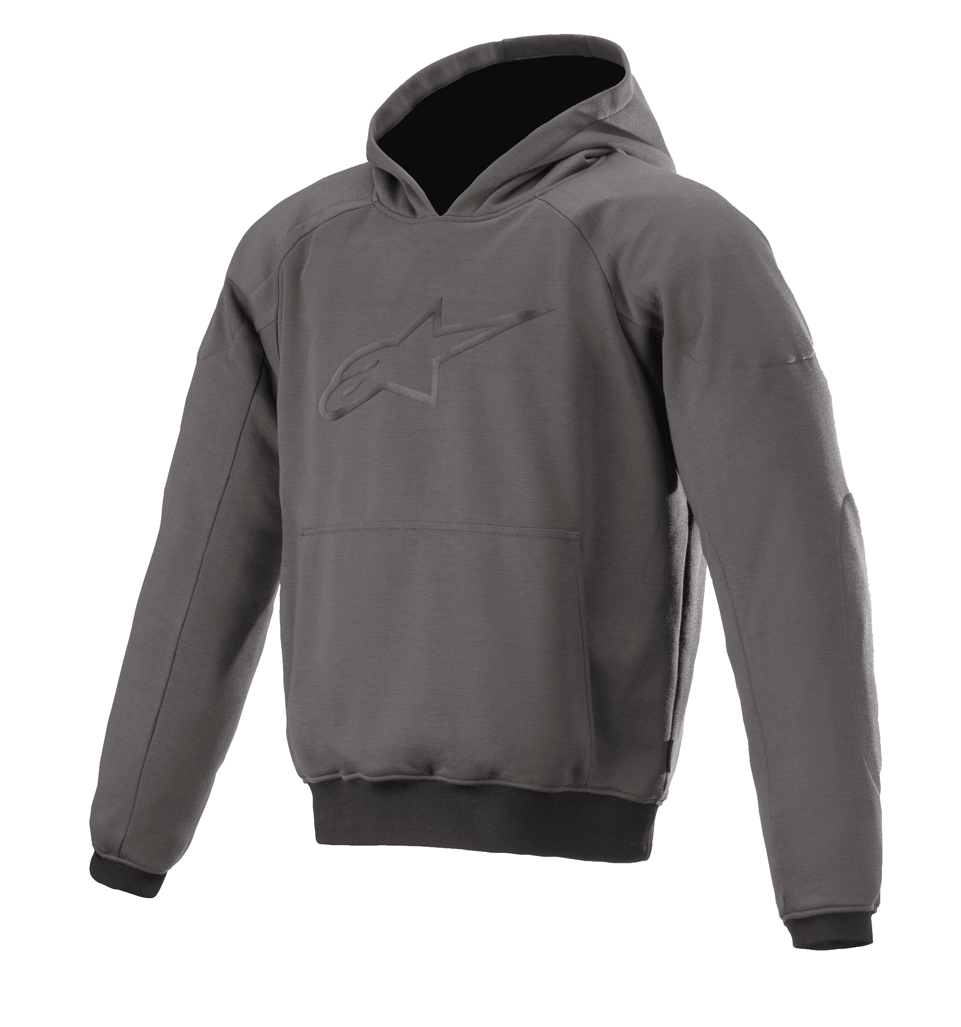 Alpinestars Ageless Hoodie, urban motorhoodie, asfalt melange grijs met zwarte manchetten, sterlogo in reliëf op de borst, kangoeroezak aan de voorzijde, beschermende casual motorkleding
