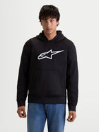 Alpinestars Ageless Hoodie, urban motorhoodie voor heren in zwart met wit logo op de borst, kangoeroezak aan de voorkant en casual textielconstructie, vooraanzicht op model