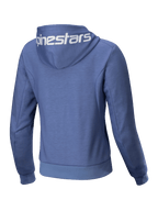 Alpinestars Stella Chrome V2 Sport Hoodie, blauwe dames motorjas van tech fleece met wit logo op de capuchon.