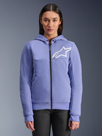 Alpinestars Stella Chrome V2 Sport Hoodie, dames motorhoodie, blauwviolet met wit sterlogo, doorlopende ritssluiting aan de voorzijde, capuchonsluiting met drukknopen, tech fleece-materiaal voor stadsritten, casual beschermend motorjack