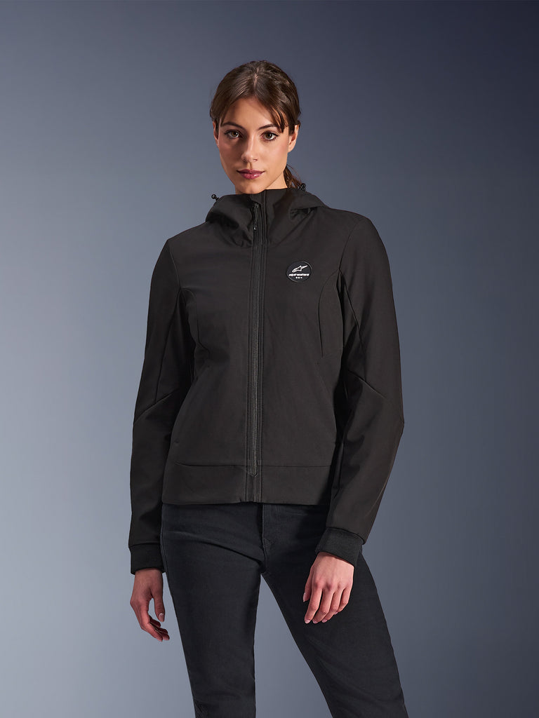 Alpinestars Stella Radium Tech Hoodie, Women's Motorcycle Hooded Jacket, Black, zip-up design with chest logo, technical riding apparel