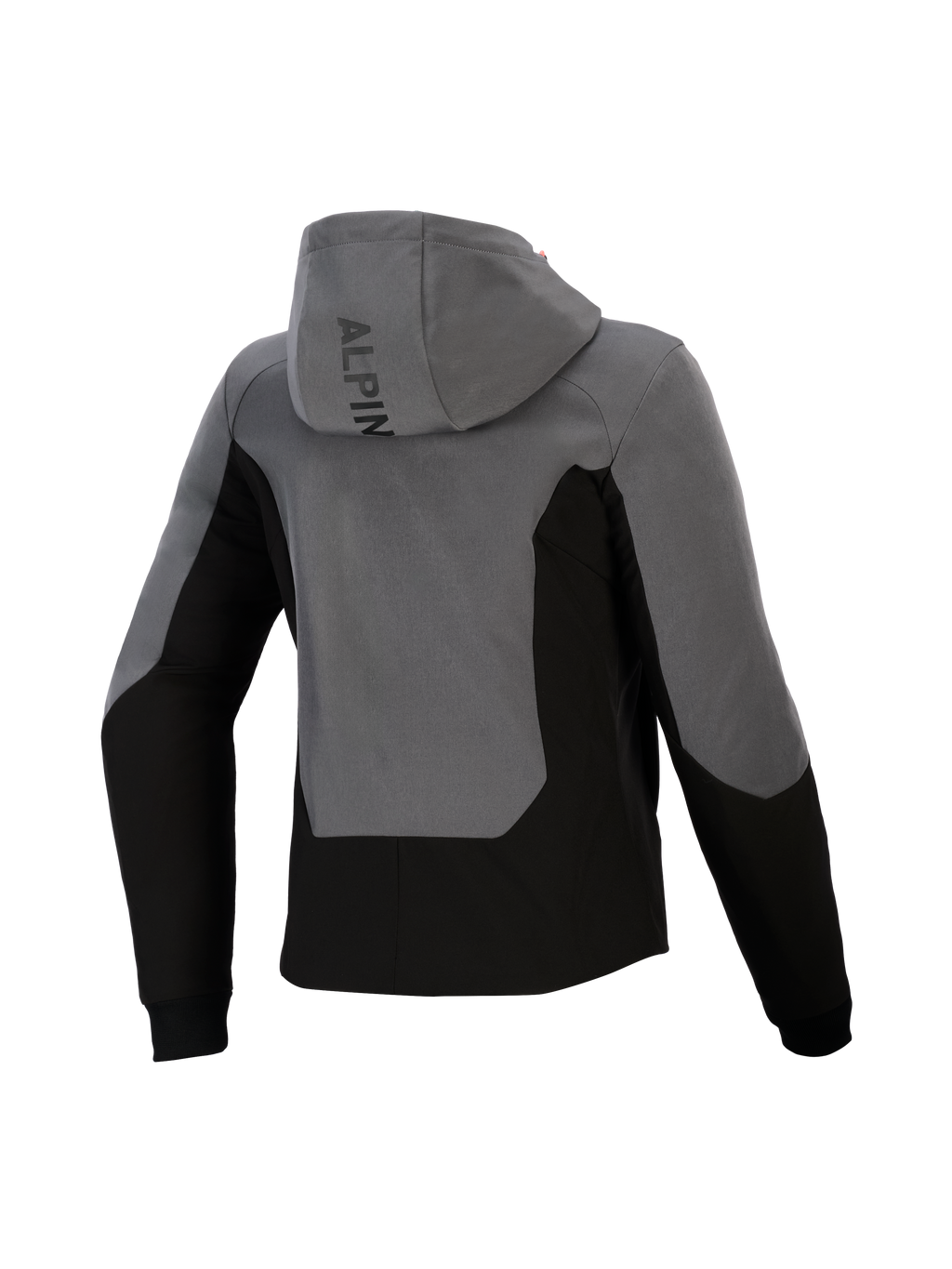 Alpinestars Stella Radium Tech Hoodie voor dames, achteraanzicht, donkergrijs en zwart, urban motorhoodie met een winddichte shell, color-block ontwerp, Alpinestars-branding op de capuchon en geribde manchetten.