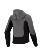 Alpinestars Stella Radium Tech Hoodie voor dames, achteraanzicht, donkergrijs en zwart, urban motorhoodie met een winddichte shell, color-block ontwerp, Alpinestars-branding op de capuchon en geribde manchetten.