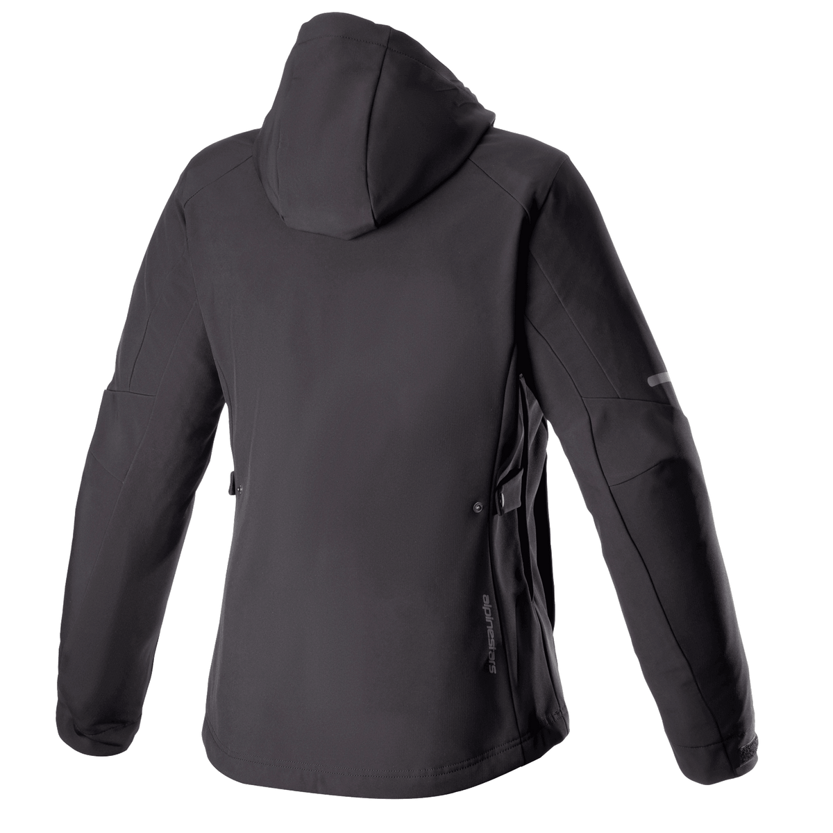 Alpinestars Stella Neo Waterproof Hoodie voor dames, achteraanzicht, Black Black, voorzien van een technische softshell-constructie met een afneembare capuchon, subtiele verticale branding op de onderrug en een gestroomlijnde damesspecifieke pasvorm voor stedelijk rijden.