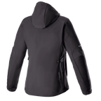 Alpinestars Stella Neo Waterproof Hoodie voor dames, achteraanzicht, Black Black, voorzien van een technische softshell-constructie met een afneembare capuchon, subtiele verticale branding op de onderrug en een gestroomlijnde damesspecifieke pasvorm voor stedelijk rijden.