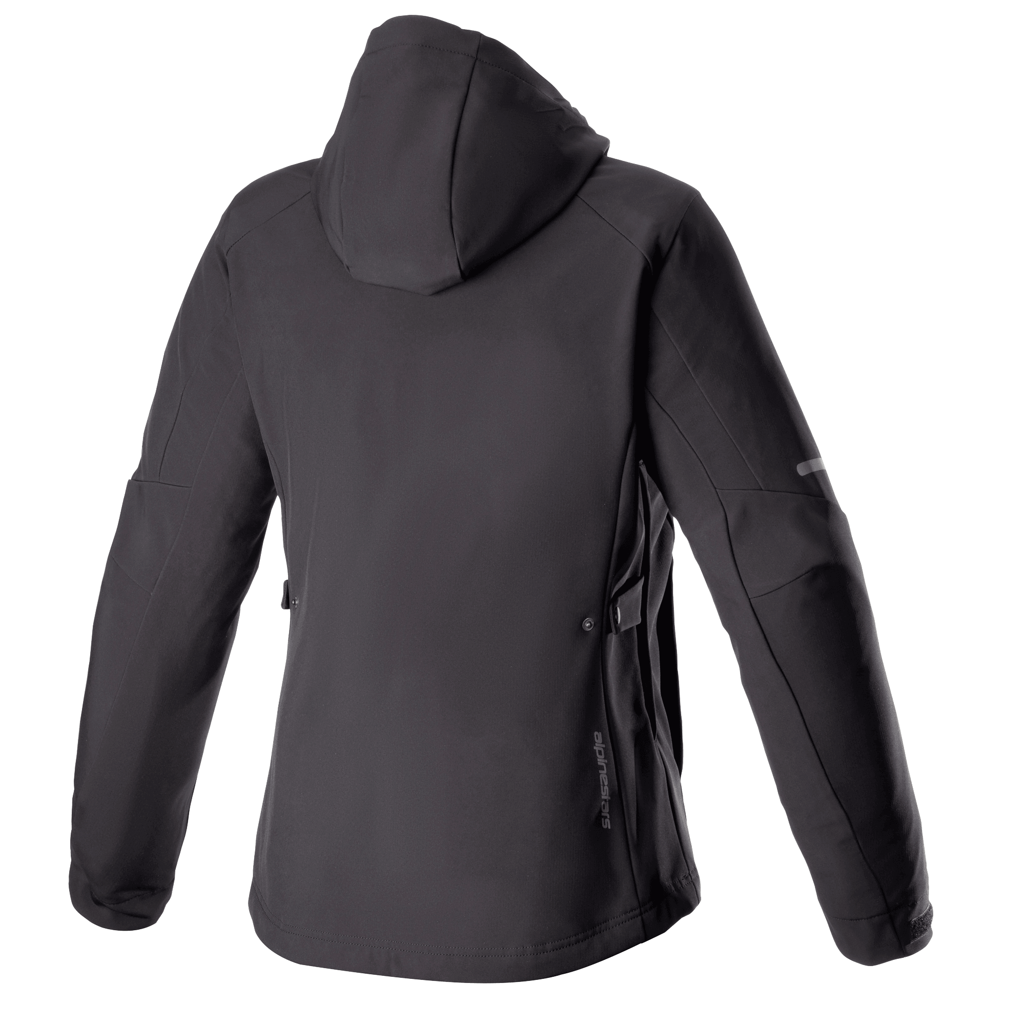 Alpinestars Stella Neo Waterproof Hoodie voor dames, achteraanzicht, Black Black, voorzien van een technische softshell-constructie met een afneembare capuchon, subtiele verticale branding op de onderrug en een gestroomlijnde damesspecifieke pasvorm voor stedelijk rijden.