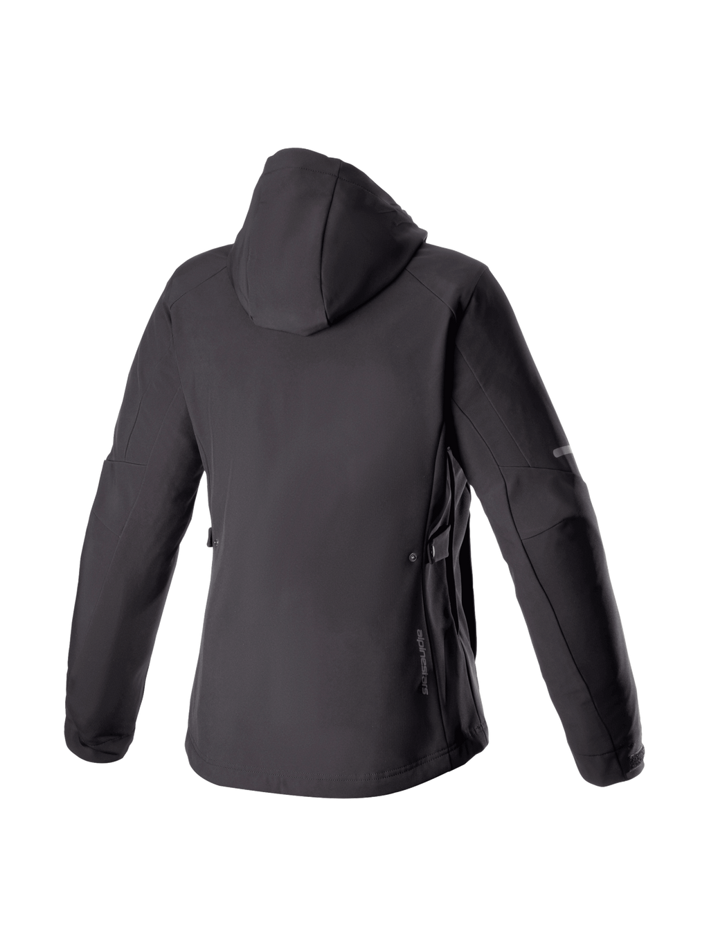 Alpinestars Stella Neo waterdichte hoodie, urban dames-motorjas van stretch softshell, zwart, achteraanzicht met capuchon, Tech-Air® Ready