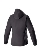Alpinestars Stella Neo waterdichte hoodie, urban dames-motorjas van stretch softshell, zwart, achteraanzicht met capuchon, Tech-Air® Ready