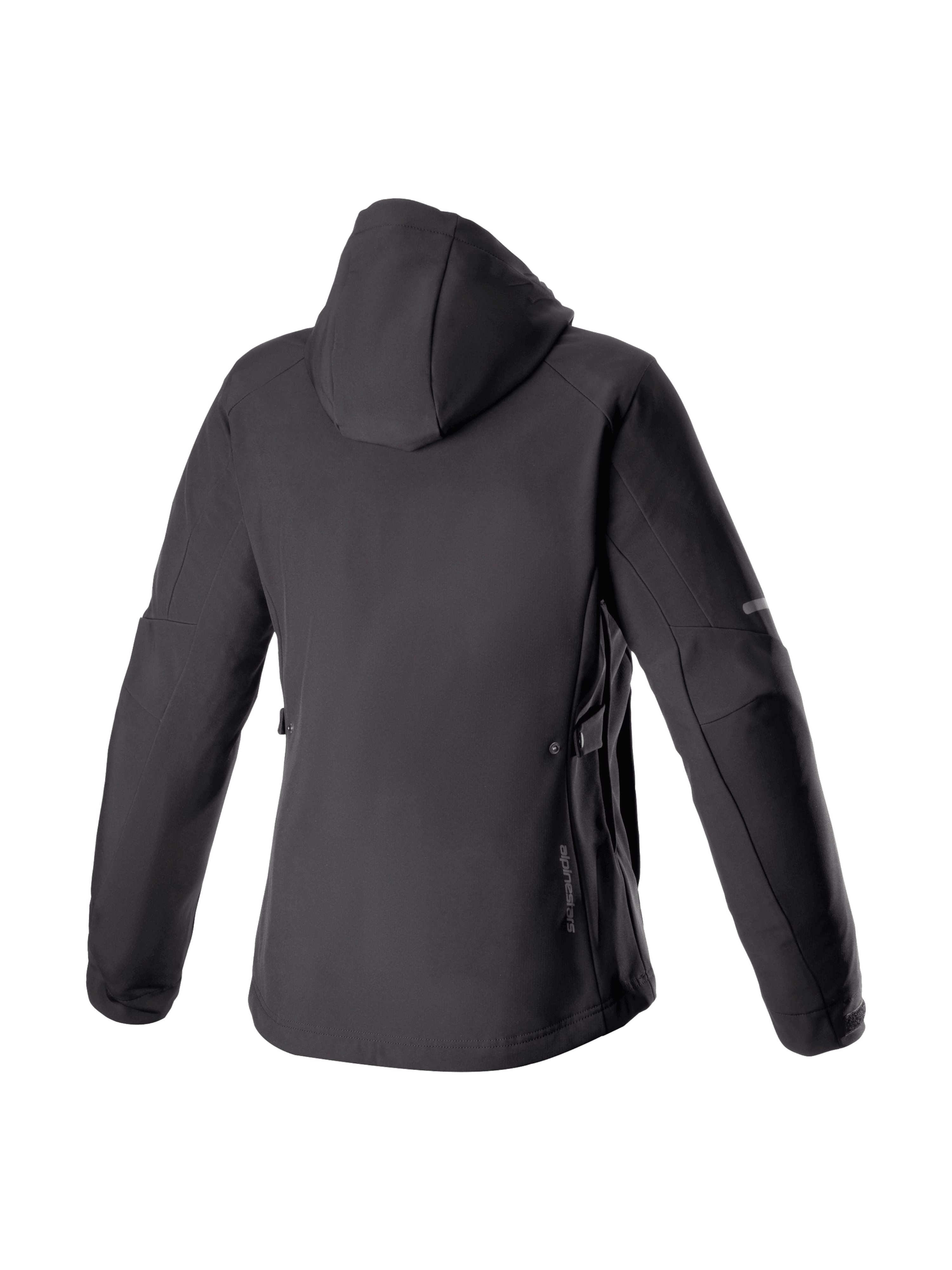 Alpinestars Stella Neo waterdichte hoodie, urban dames-motorjas van stretch softshell, zwart, achteraanzicht met capuchon, Tech-Air® Ready