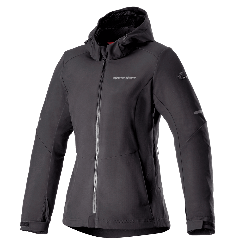 Alpinestars Stella Neo waterdichte hoodie, dames motorjas, zwart, ontwerp met capuchon en centrale ritssluiting aan de voorzijde, verstelbare manchetten, technische softshell-stof, getailleerde damespasvorm met merklogo op de borst