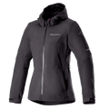 Alpinestars Stella Neo waterdichte hoodie, dames motorjas, zwart, ontwerp met capuchon en centrale ritssluiting aan de voorzijde, verstelbare manchetten, technische softshell-stof, getailleerde damespasvorm met merklogo op de borst