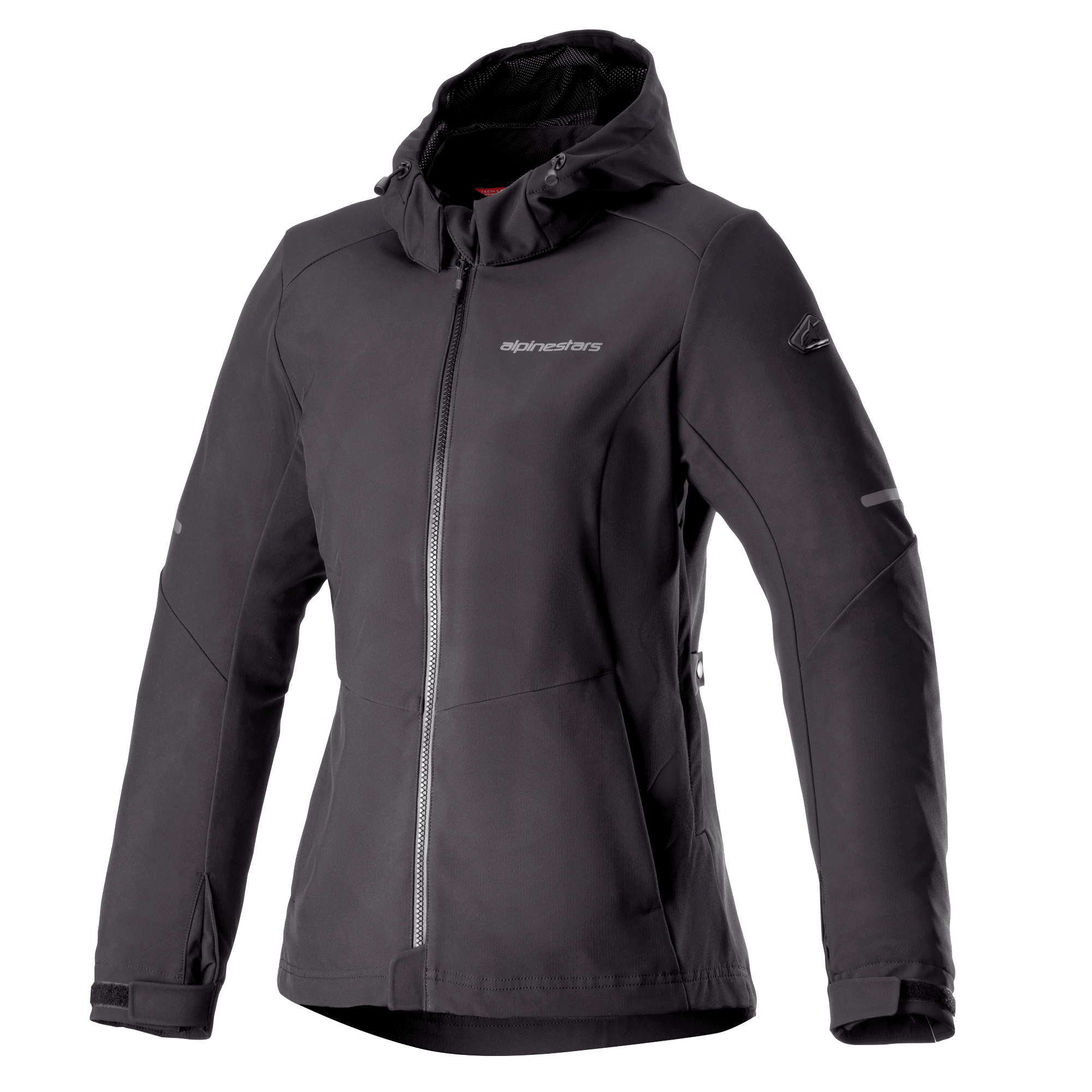 Alpinestars Stella Neo waterdichte hoodie, dames motorjas, zwart, ontwerp met capuchon en centrale ritssluiting aan de voorzijde, verstelbare manchetten, technische softshell-stof, getailleerde damespasvorm met merklogo op de borst