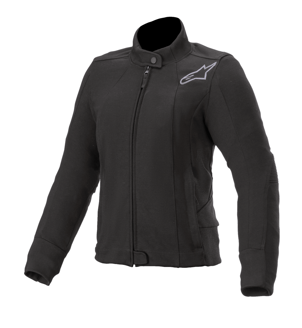Alpinestars Banshee Fleece voor dames, zwarte motorjas, hoge kraag met drukknoop en ritssluiting aan de voorzijde, grijs geborduurd Astars-logo op de borst, geribbelde manchetten en zoom, getailleerd urban ontwerp voor motorrijden