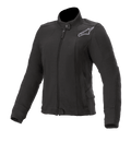 Alpinestars Banshee Fleece voor dames, zwarte motorjas, hoge kraag met drukknoop en ritssluiting aan de voorzijde, grijs geborduurd Astars-logo op de borst, geribbelde manchetten en zoom, getailleerd urban ontwerp voor motorrijden