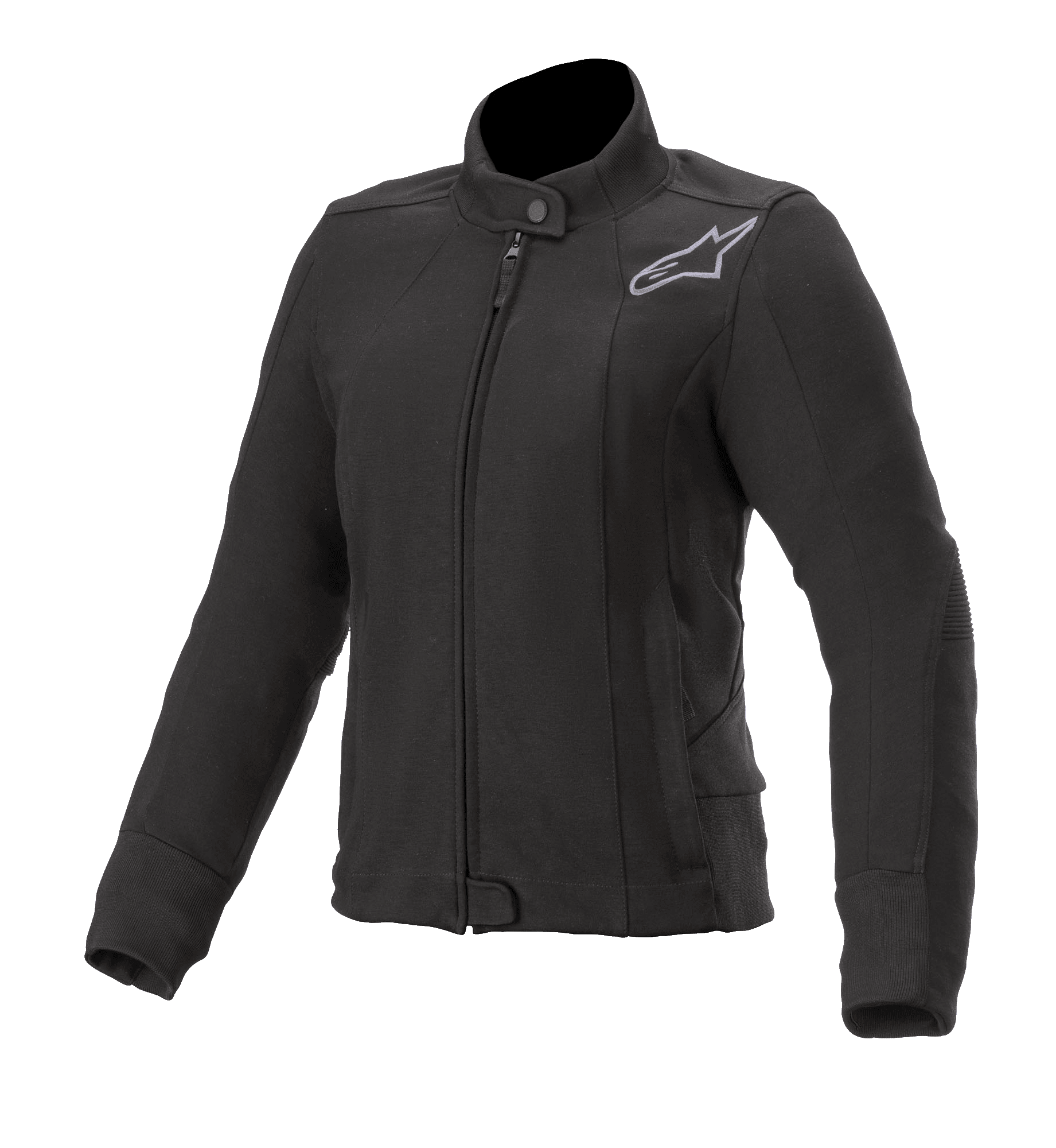Alpinestars Banshee Fleece voor dames, zwarte motorjas, hoge kraag met drukknoop en ritssluiting aan de voorzijde, grijs geborduurd Astars-logo op de borst, geribbelde manchetten en zoom, getailleerd urban ontwerp voor motorrijden