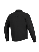 Alpinestars Bryon Water Resistant Overshirt, Black, Back view, featuring durable waxed canvas construction, horizontal shoulder yoke, back hanging loop, and a slightly longer back for motorcycle riding coverage.