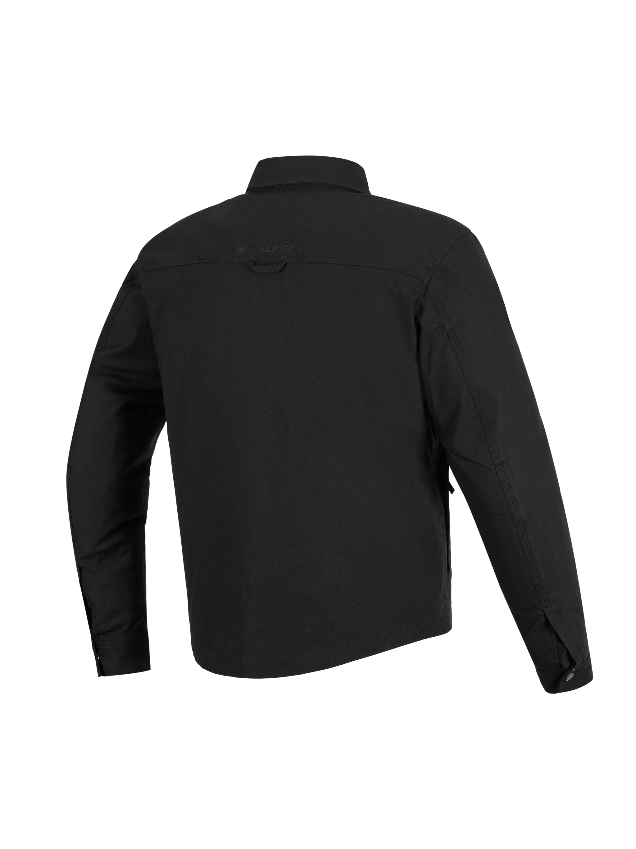 Alpinestars Bryon Water Resistant Overshirt, Black, Back view, featuring durable waxed canvas construction, horizontal shoulder yoke, back hanging loop, and a slightly longer back for motorcycle riding coverage.