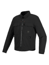 Alpinestars Bryon Water Resistant Overshirt, Black Motorcycle Jacket, three-quarter front view, workwear-inspired design featuring chest cargo pockets, metal D-ring, and front zipper, durable waxed canvas texture.